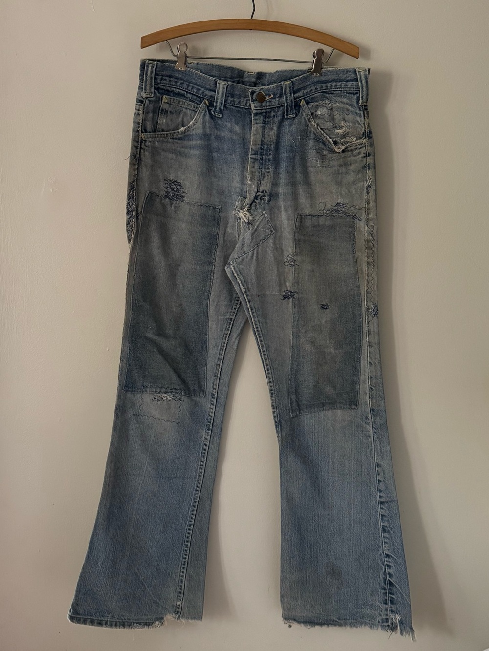 Vintage 1970s Distressed Lee Flare Patched and Mended Jeans.
